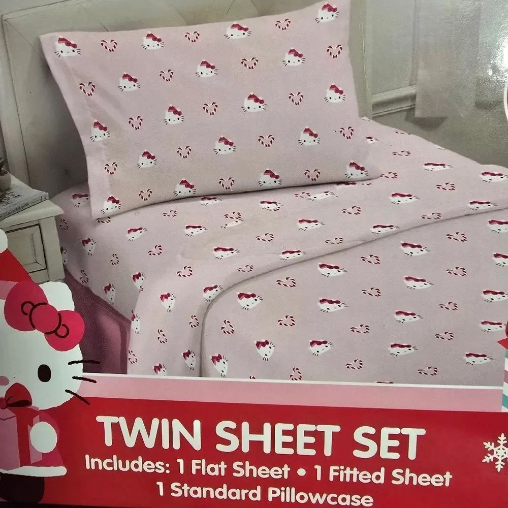 New Hello Kitty Candy Cane Christmas Love Kids Pink Twin Sheet Set